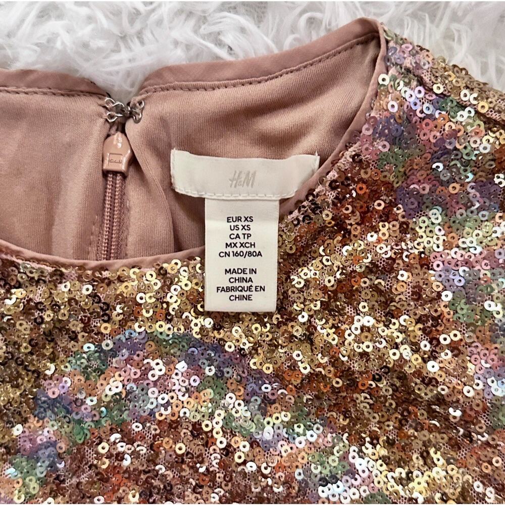 H&M Sequin Dress Mini Bodycon Sz XS Long Sleeve Festive Party Rose Pink Lined - Picture 3 of 9